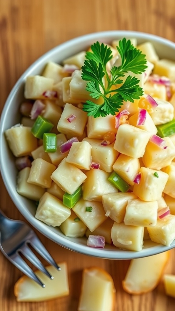 A bright bowl of potato salad with celery and red onions, garnished with parsley, on a wooden table.